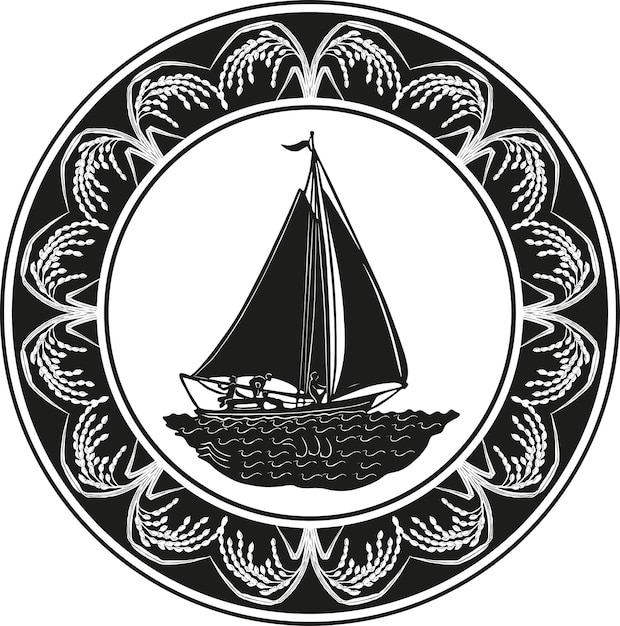 viejo logo de velero con marco de hierba diseño vectorial hecho a mano