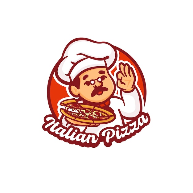 Viejo maestro chef masculino con logo de pizza italiana.