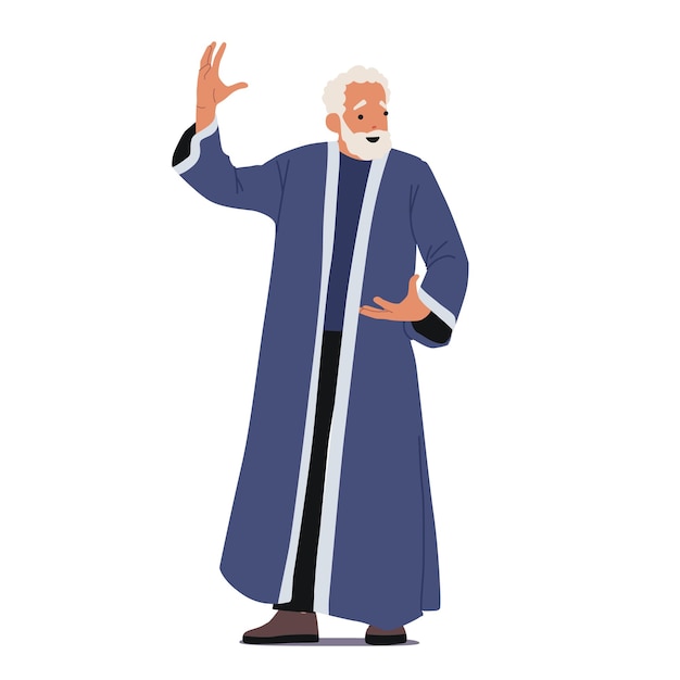 Viejo Mago Mago Personaje Haciendo Hechizo Merlín o Dumbledore Personaje Con Barba Blanca Use Larga Túnica Azul Viejo Hechicero Personaje Aislado en Fondo Blanco Dibujos Animados Gente Vector Ilustración