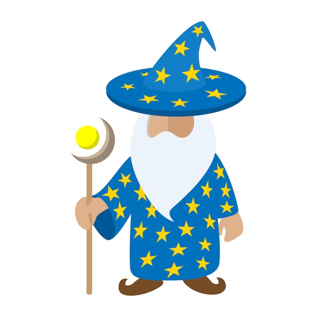 Viejo mago personaje de dibujos animados mago medieval sobre un fondo blanco