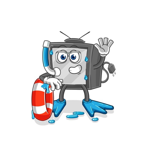 Viejo nadador de tv con vector de dibujos animados de mascota de boya