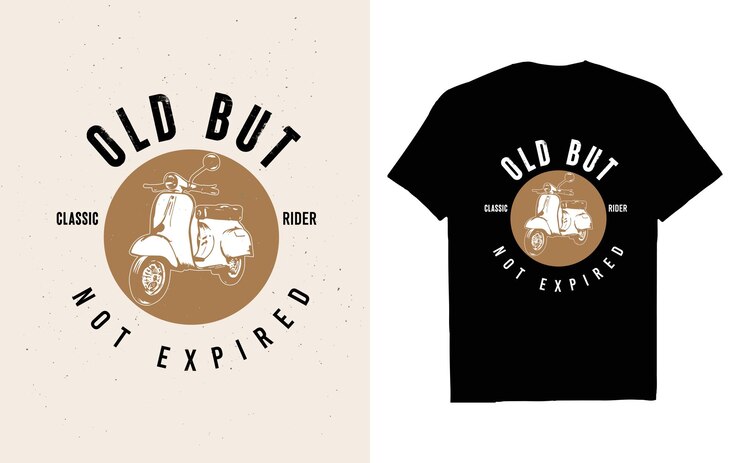 Viejo pero no caducado scooter motocicleta logotipo camiseta diseño americano scooter vintage cartel impreso de fondo negro y blanco con grunge