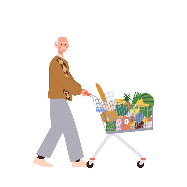 Viejo personaje de comprador de dibujos animados senior empujando carrito de compras con alimentos orgánicos saludables