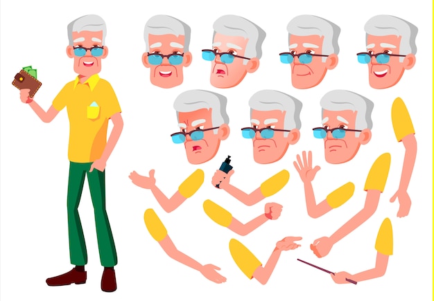 Viejo personaje. Europeo. Creador de creación para animación. Enfrenta las emociones, las manos.