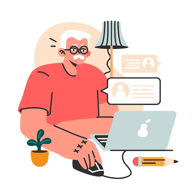 Viejo personaje masculino moderno que usa Internet teléfono móvil y computadora
