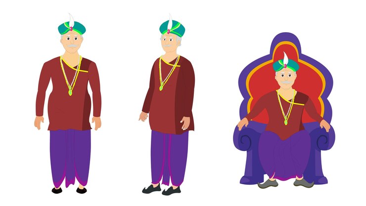 Vector el viejo personaje del rey indio para la animación de dibujos animados la hoja de modelo del rey diseño de dibuyos animados del rey asiático