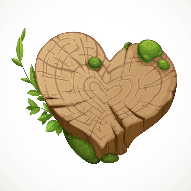 Vector viejo tocón agrietado en forma de musgo de corazón aislado en un fondo blanco