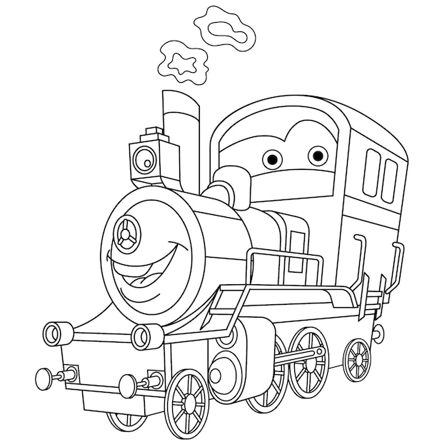 Viejo tren locomotora de vapor. Vehículo de juguete de dibujos animados con cara divertida. Página de libro para colorear para niños.
