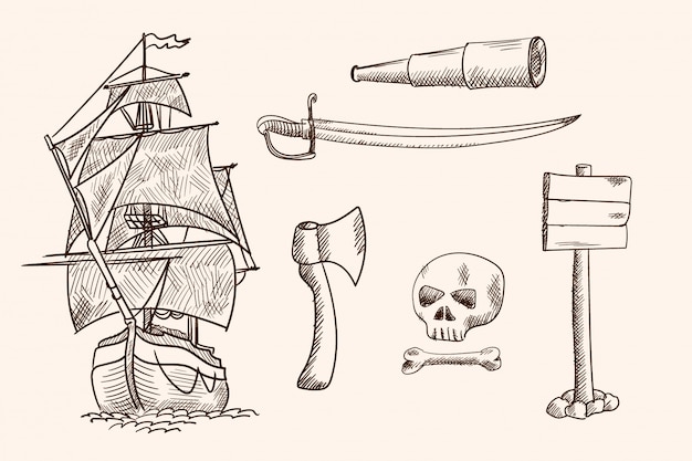 Viejo velero y artículos piratas. dibujo a mano simple.