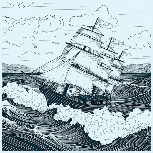Un viejo velero en las olas del mar dibujo vectorial sobre fondo azul