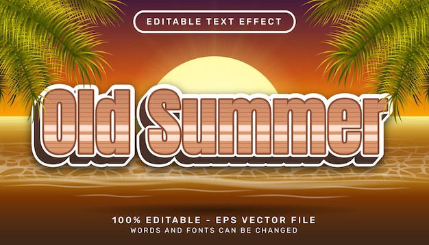 viejo verano retro color 3d efecto de texto editable y puesta de sol en el fondo del paisaje del mar