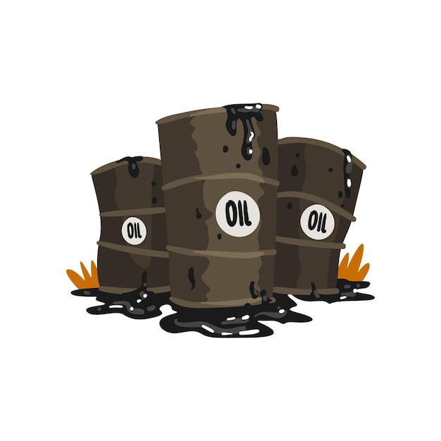 Viejos barriles con fugas de productos petrolíferos problema ecológico contaminación ambiental concepto vector ilustración aislada sobre fondo blanco
