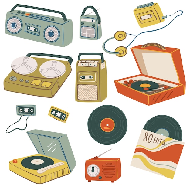 Viejos magnetófonos y grabadoras vintage gadgets vector