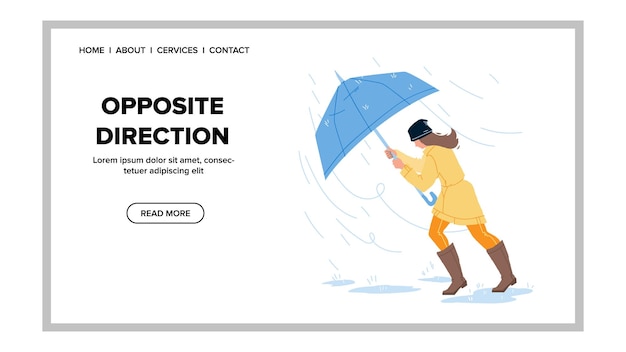 Viento dirección opuesta y lluvia caminar mujer Vector. Ventoso y tormentoso en dirección opuesta caminando joven con paraguas. Personaje Tormenta Lluvia Clima Web Plano Dibujos Animados Ilustración