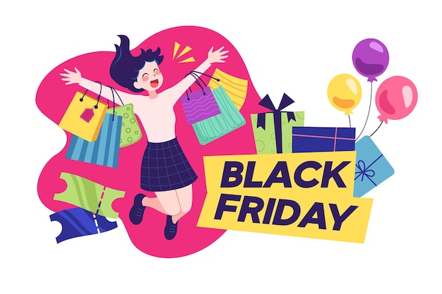 Viernes negro, compras, niña, vector, ilustración