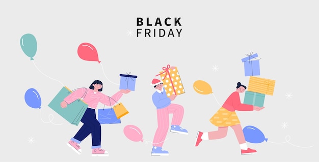 Viernes negro. La gente camina alegremente con bolsas de compras y cajas de compras.