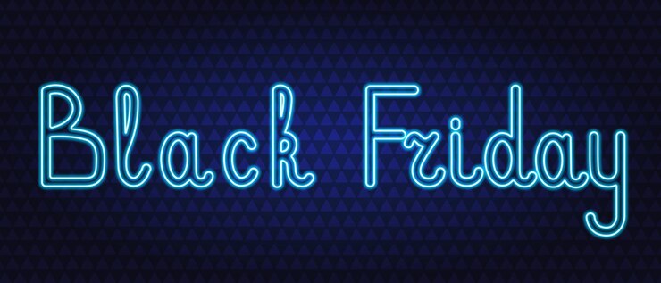 Vector viernes negro letras de neón sobre un fondo azul símbolo de ventas y descuentos venta de temporada
