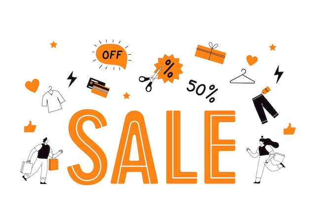 Viernes negro. Rebajas y descuentos en tiendas. Caracteres lineales con bolsas de papel, con compras.