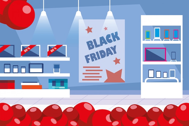 Viernes negro venta promocional banner de compras con productos y descuentos