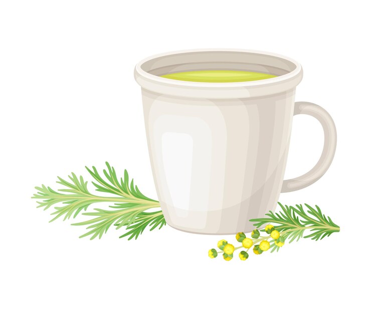 Vector se vierte en taza con wormwood o southernwood plant herbal tea vector composición