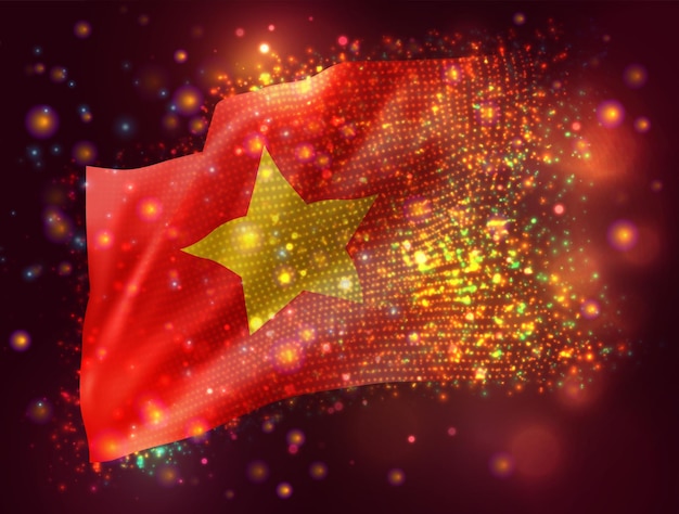 Vietnam, vector bandera 3d sobre fondo rosa púrpura con iluminación y bengalas