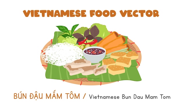 Vietnamita Bun Dau Mam Tom vector plano, dibujos animados de imágenes prediseñadas. Comida asiática. cocina vietnamita