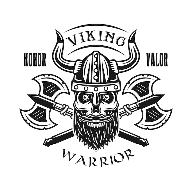 Vikingo barbudo cráneo y ejes vector emblema, etiqueta, insignia, logotipo o camiseta impresa en estilo monocromo aislado sobre fondo blanco.