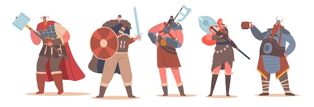 Vikingos Personajes masculinos y femeninos que usan pieles y sostienen armaduras Espadas Martillo y hachas Aislados en fondo blanco Soldados nórdicos medievales Bárbaros Dibujos animados Gente Vector Ilustración