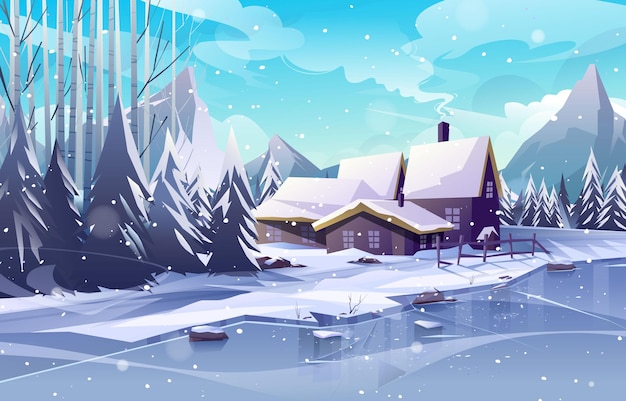 Village by The Frozen River en el paisaje invernal