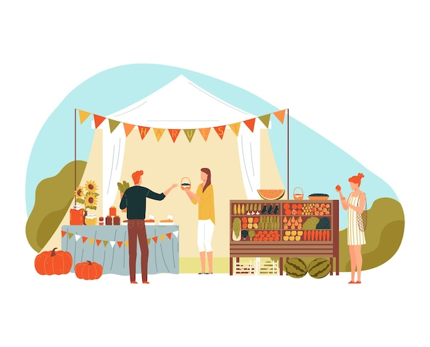 Village fair gran cosecha mujer alegre agricultora vende su diseño de cosecha estilo de dibujos animados ilustración vectorial aislado en blanco