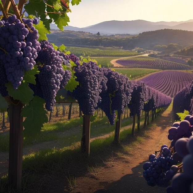 Un viñedo exuberante de uvas púrpuras brillantes