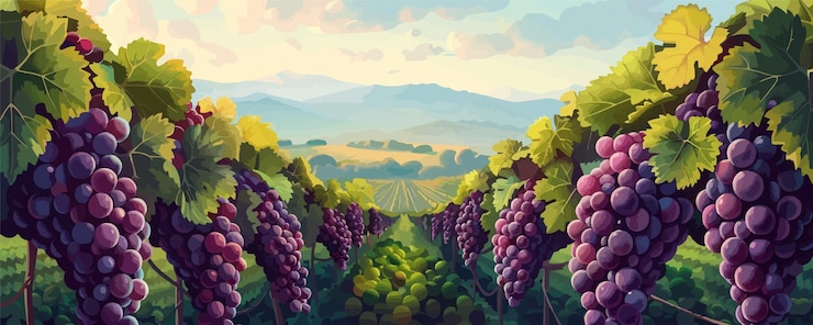 Vector viñedo verdoso con uvas maduras listas para la cosecha ilustración plana minimalista aislada vectorial