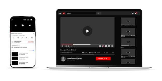 Vinnitsa Ucrania 5 de junio de 2023 Plantilla de aplicación de Youtube en teléfono inteligente y computadora portátil