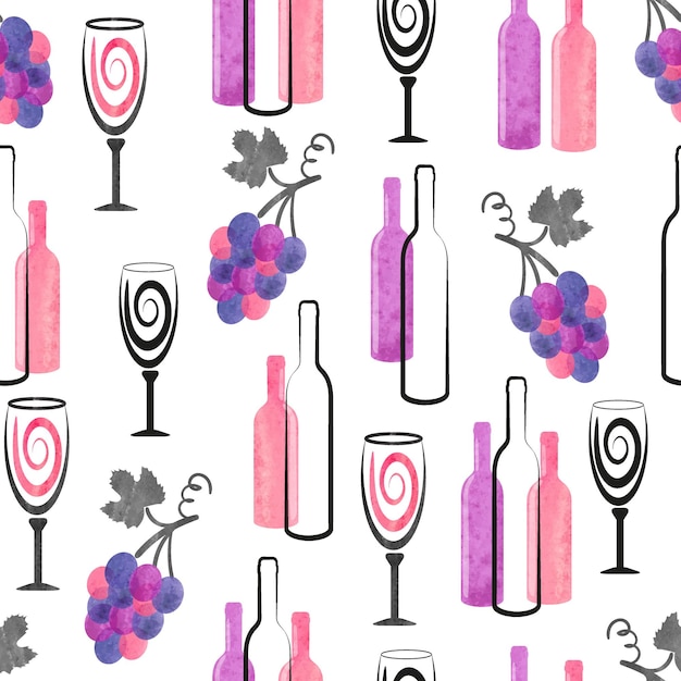Vino de acuarela patrón sin costuras con botellas de vino vasos y uvas telón de fondo vectorial