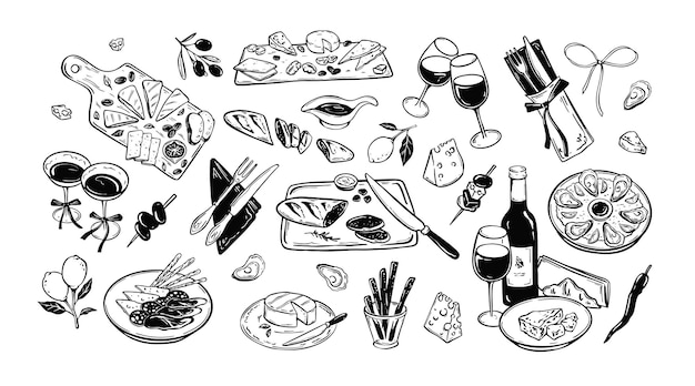 Vino y aperitivos dibujos minimalistas con lápiz de colores El estilo de ilustración de la dolce vita Tapas españolas Queso charcutería Plato ostras Menú de restaurante mediterráneo Fondo Concepto de vida lenta