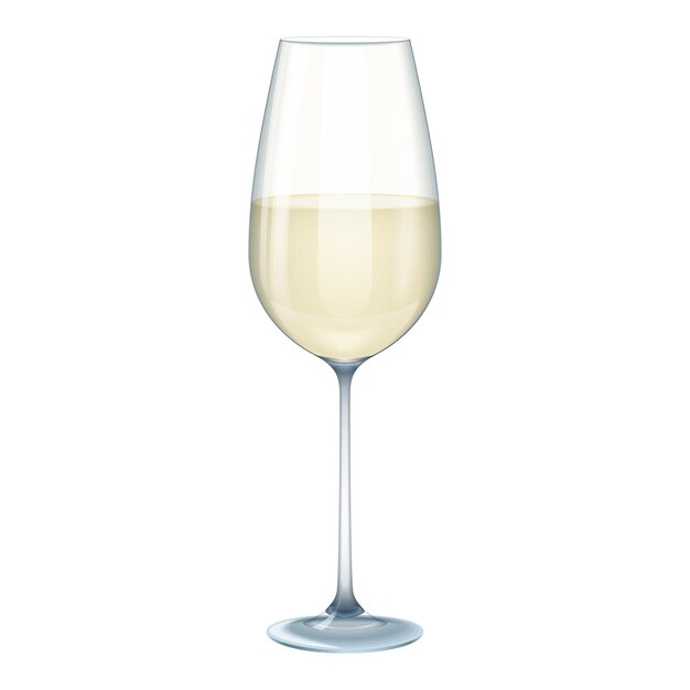 Vino blanco en 3D, bebida alcohólica, mitad vertida en una taza alta y transparente