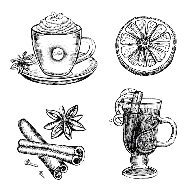 Vino caliente café canela limón Dibujado a mano ilustración Vector