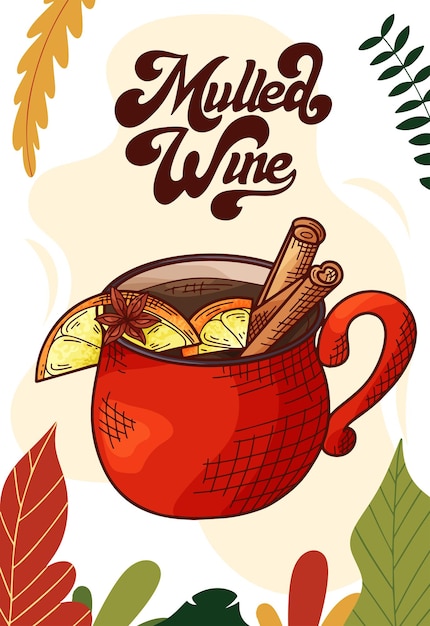 Vino caliente. taza de bebida caliente para menú navideño. colección colorida. ilustración vectorial dibujada a mano.