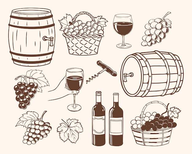 Vino y elaboración del vino Conjunto de botellas de vino dibujadas a mano uvas barril de vidrio cubo de corcho
