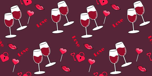 Vino Estilo retro Fondo Moda Patrón sin fisuras pareja copa vino dulces y corazones para moda textil Copiar pegar impresiones textiles productos de papel la Web