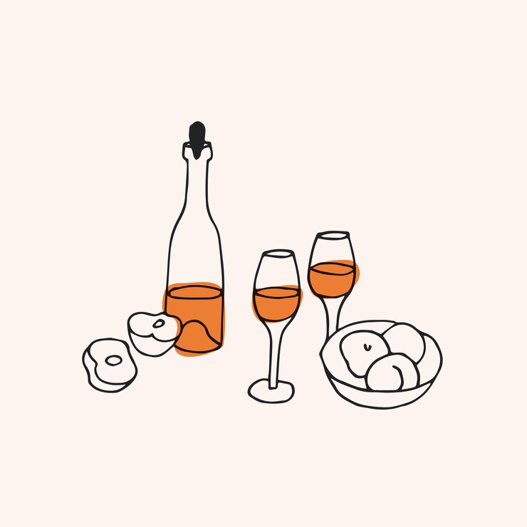 Vino de ilustración de moda vectorial con botella de copas de vino y platos con queso y frutas