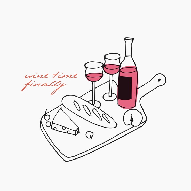 Vino de ilustración de moda vectorial con botella de copas de vino y platos con queso y frutas