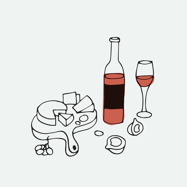 Vino de ilustración de moda vectorial con botella de copas de vino y platos con queso y frutas