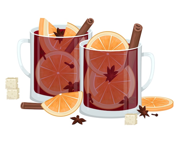 Vino tinto caliente en copa con rodajas de naranja, canela, clavo y una tina. bebida alcohólica de invierno. ilustración.