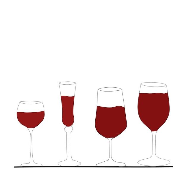 Vino tinto en diferentes tipos de copas ilustración vectorial en estilo garabato