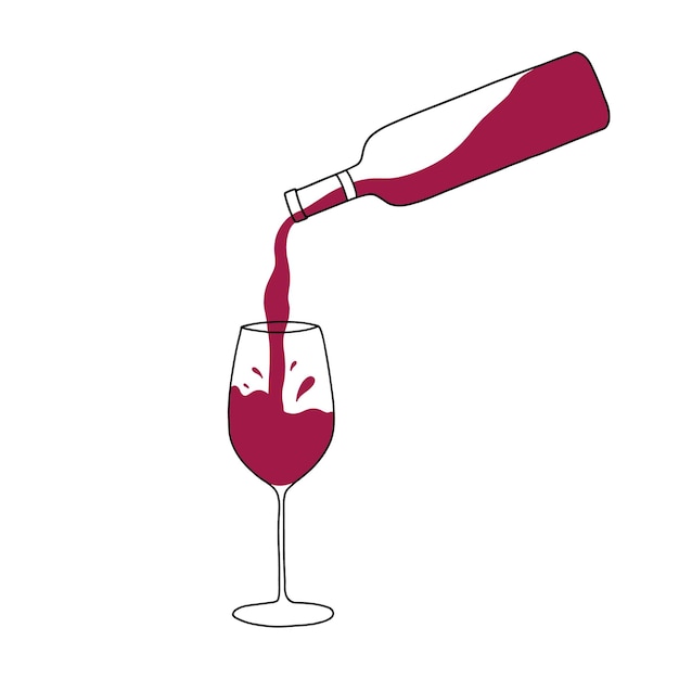 El vino tinto se vierte de una botella en un vaso Ilustración vectorial en estilo de dibujo Ilustración vectorial