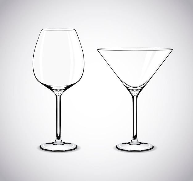 Vector vino y un vaso de cóctel de martini vacío aislado sobre un fondo blanco