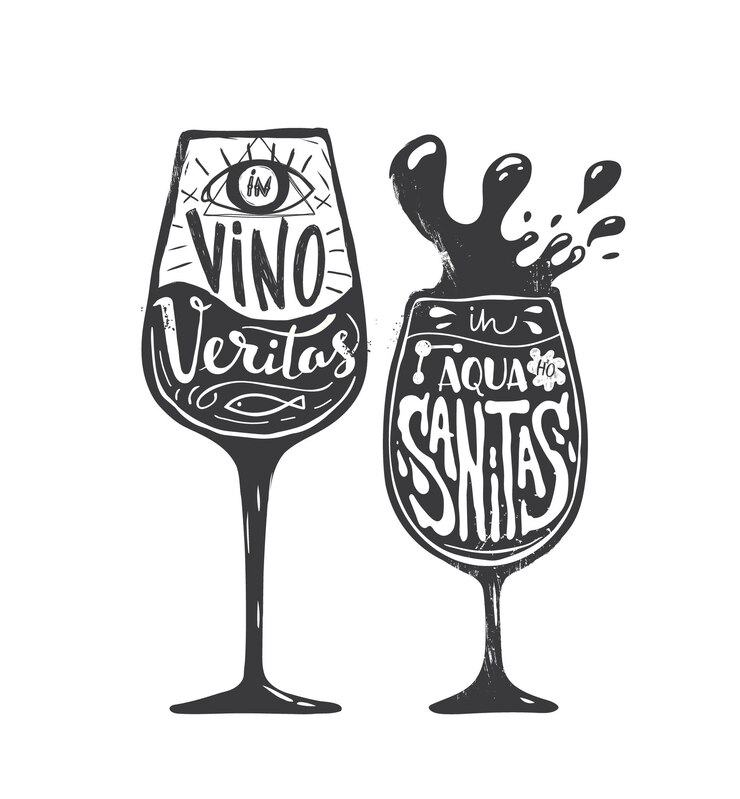 Vector en vino veritas en aqua sanitas. impresión dibujada a mano con letras de cotización. ilustración en blanco y negro.