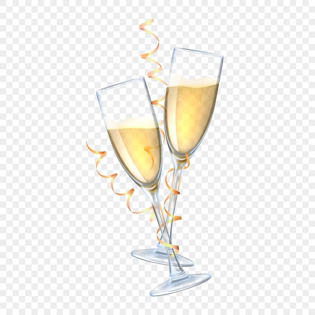 Vino de vidrio celebración de año nuevo o navidad feliz fiesta de boda y cumpleaños cinta de oro vino blanco ilustración vectorial aislada sobre fondo transparente