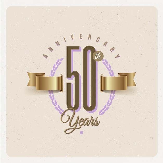 Vintage 50 aniversario aniversario emblema con cinta dorada y corona de laurel - ilustración